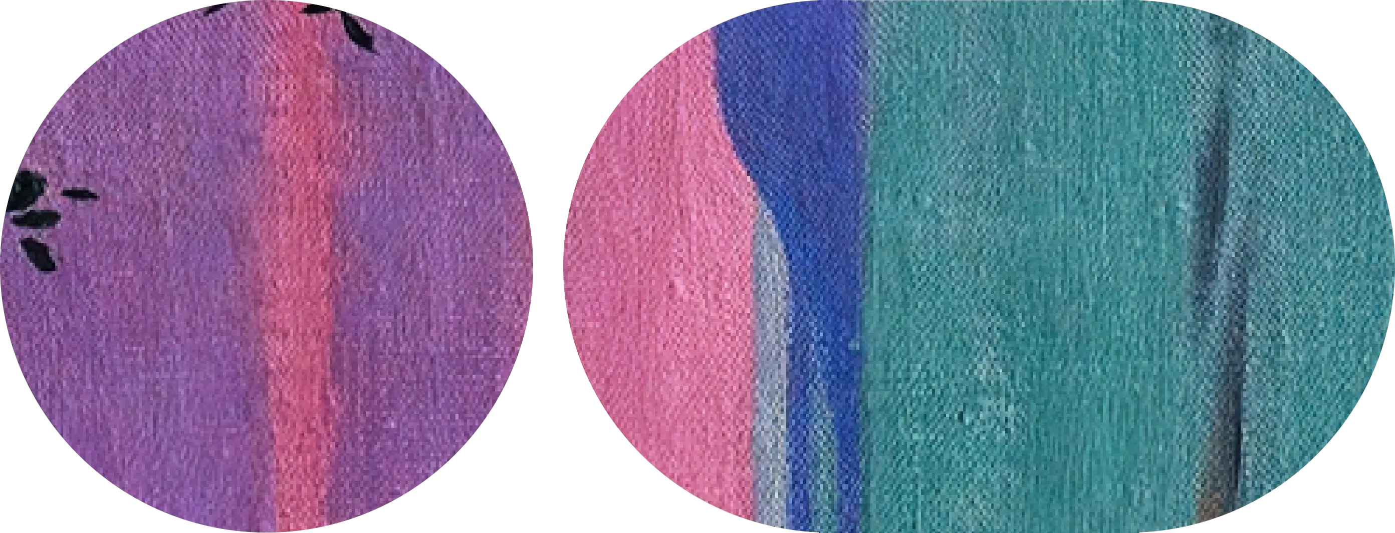 Circular and oval graphical cutouts. Inside of the cutouts fragment of a still life oil painting with tomates can be seen.