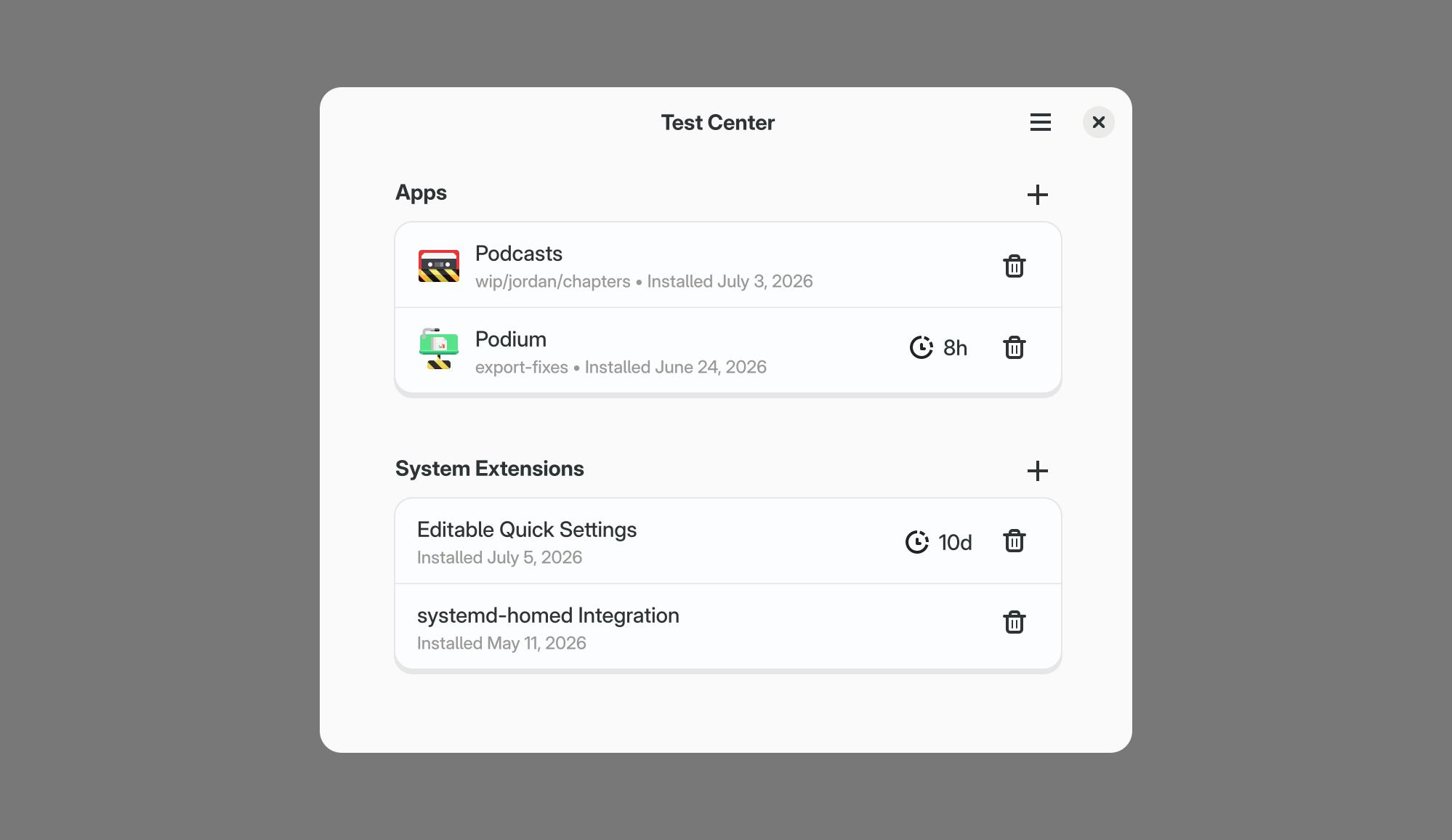 GTK app mockup with a simple window with two lists of experiments above one another, one for apps and one for system components.