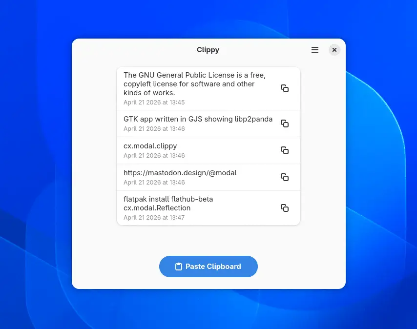 Screenshot of the Clippy demo app, a simple GTK app window with a listbox with some pasted strings.
