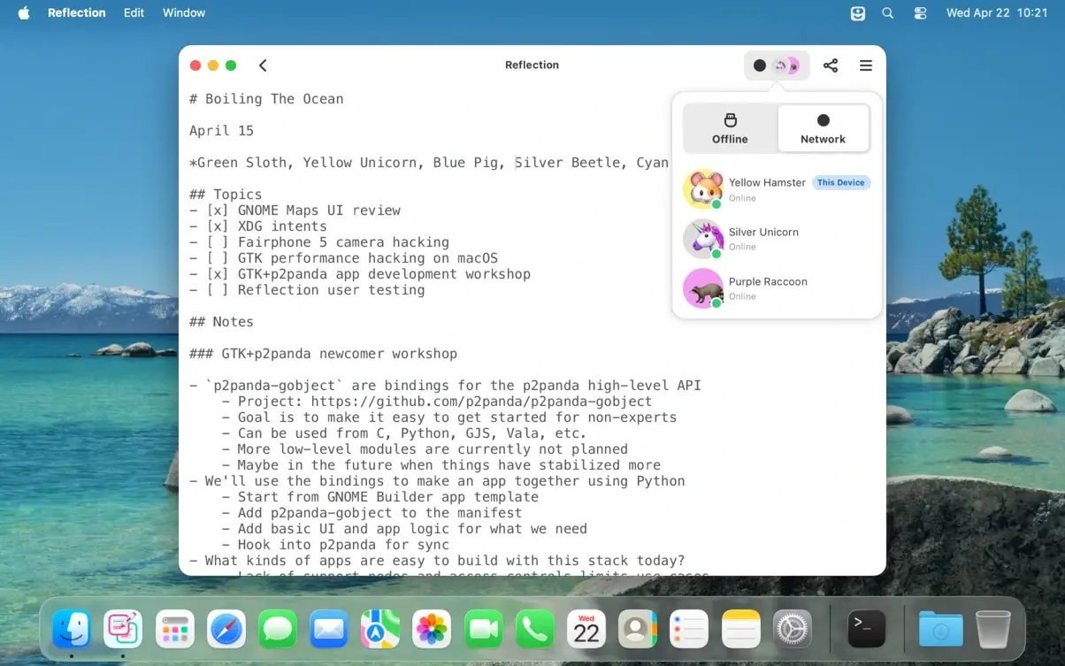 Screenshot of Reflection running on macOS Tahoe, showing a meeting notes document, with 3 connected peers.
