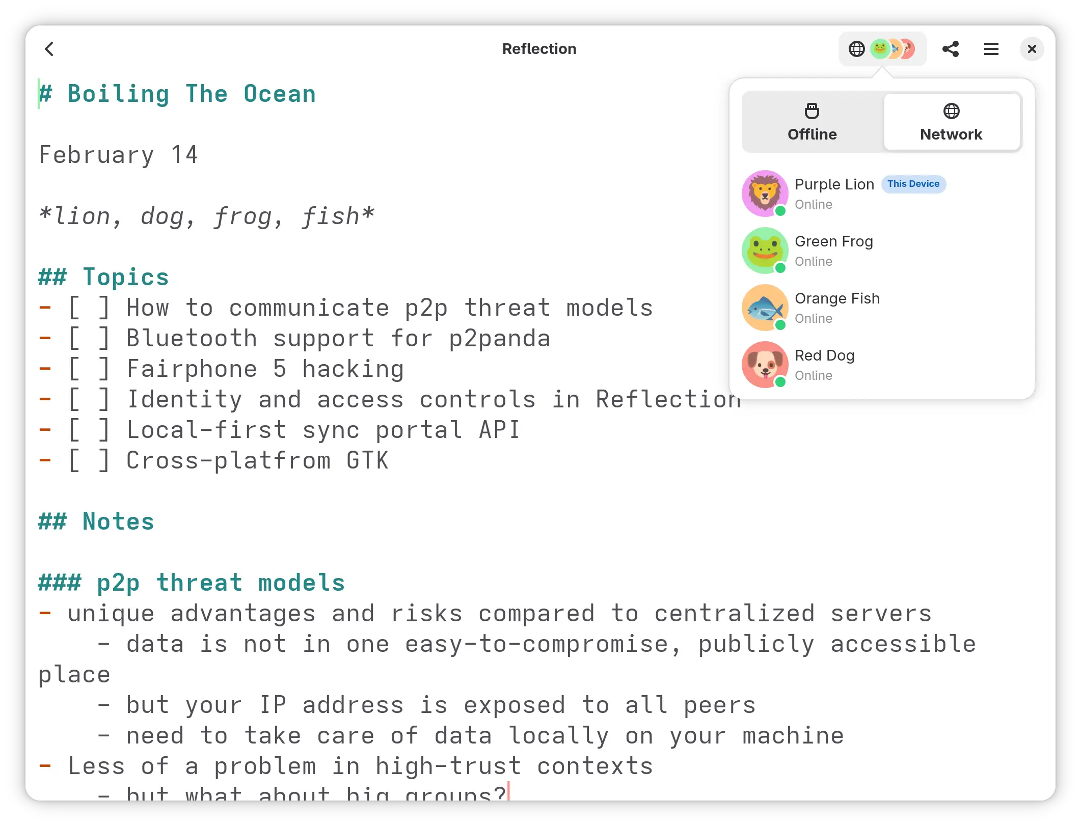Text editor window with text area and headerbar, and a connection popover in the top right. The connection popover has an offline/network swtich, and a list of four peers.