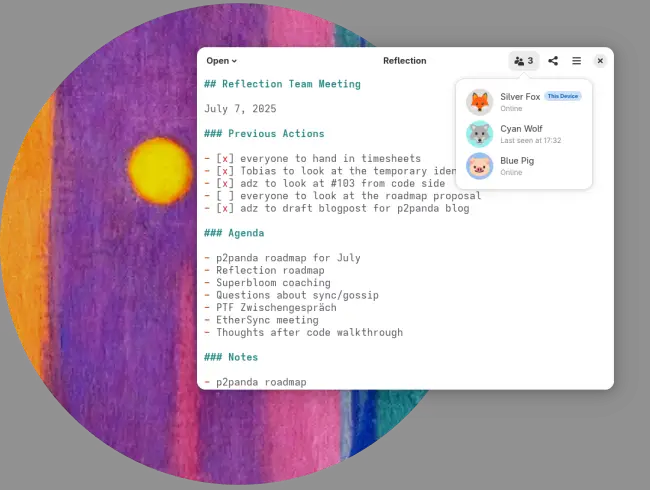 A screenshot of a desktop application showing a notepad with multiple collaborators Reflection