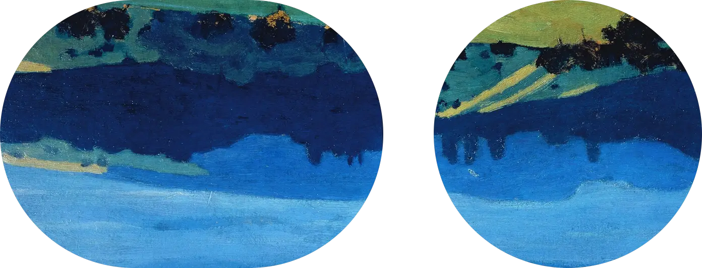 Circular and oval graphical cutouts. Inside of the cutouts fragment of a still life oil painting with tomates can be seen.