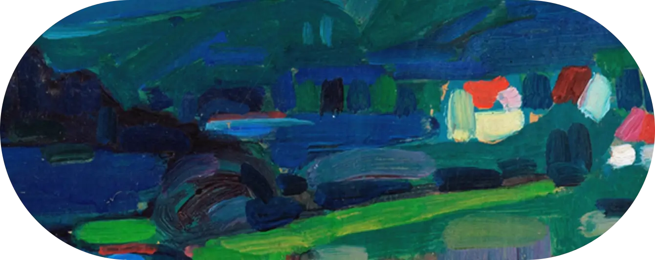 A painting of a village inside a mountain valley painted with dark tones