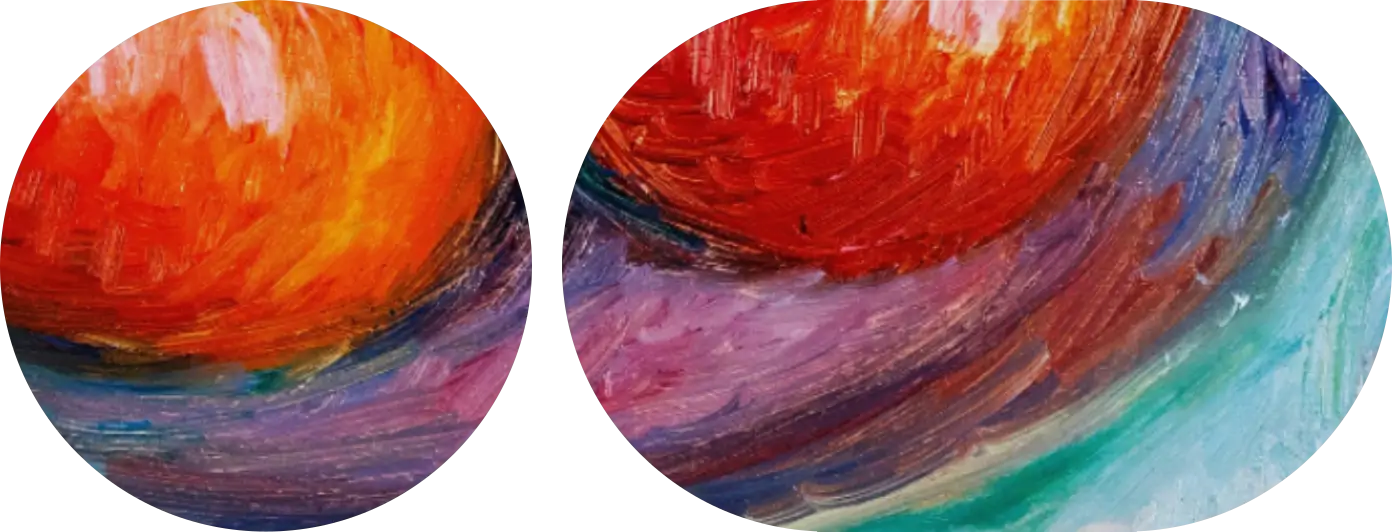 Circular and oval graphical cutouts. Inside of the cutouts fragment of a still life oil painting with tomates can be seen.